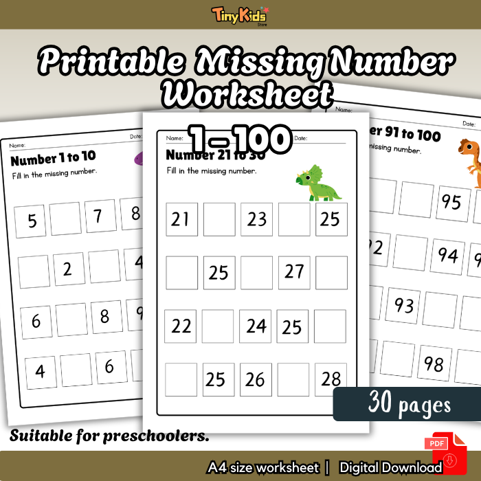Printable Fill In Missing Number 1- 100 Worksheet for Kids