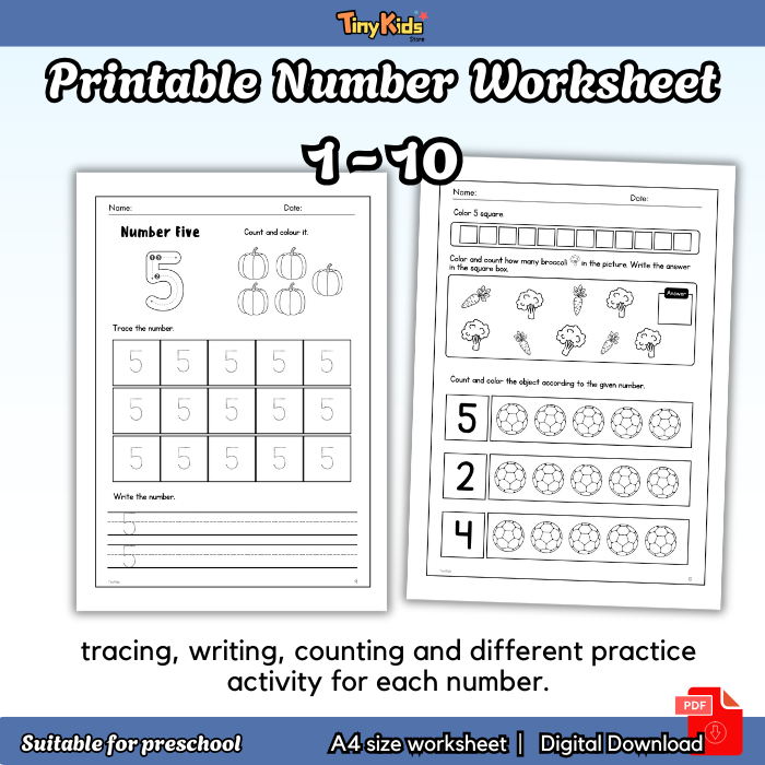 Printable Number 1 to 10 Practice Worksheet | Tracing, Writing, Counting - Image 2