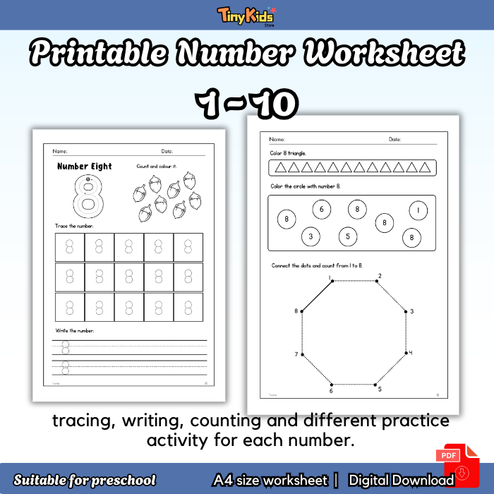 Printable Number 1 to 10 Practice Worksheet | Tracing, Writing, Counting - Image 3