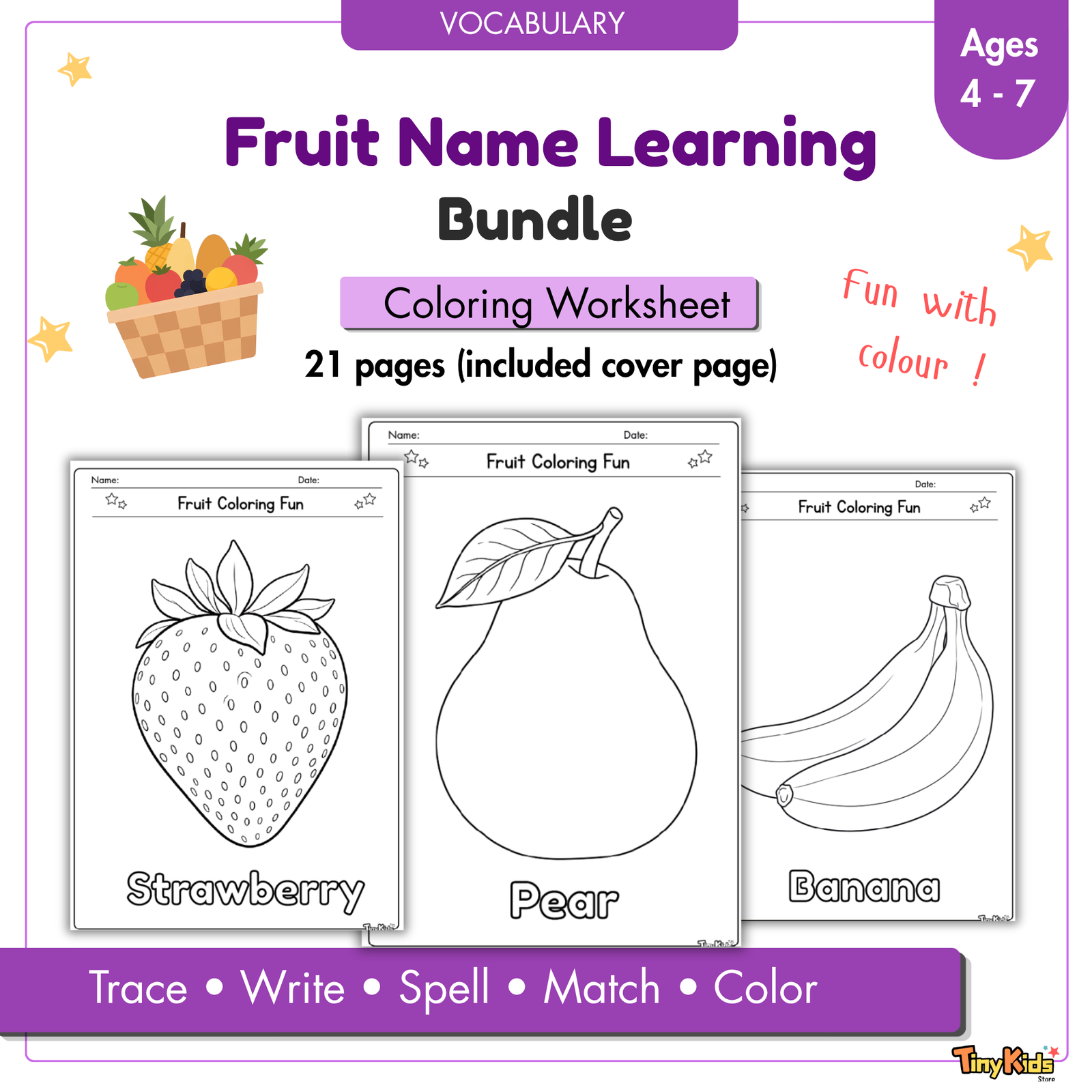 Fruit Learning Activity Bundle | Flash Card| Coloring | Worksheet - Image 6