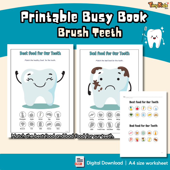 Printable Teeth Brushing Busy Book for Kids | Dental Hygiene, Food Sorting & Daily Brushing Tracker - Image 3