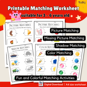 Printable Matching Worksheet – 4-in-1 Activity Pack for Kids