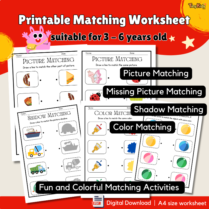 Printable Matching Worksheet – 4-in-1 Activity Pack for Kids