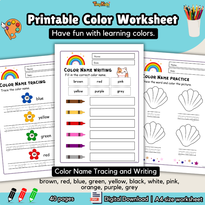 Printable Color Practice Worksheet | Let's Learn Color | Tracing, Writing, Coloring - Image 6