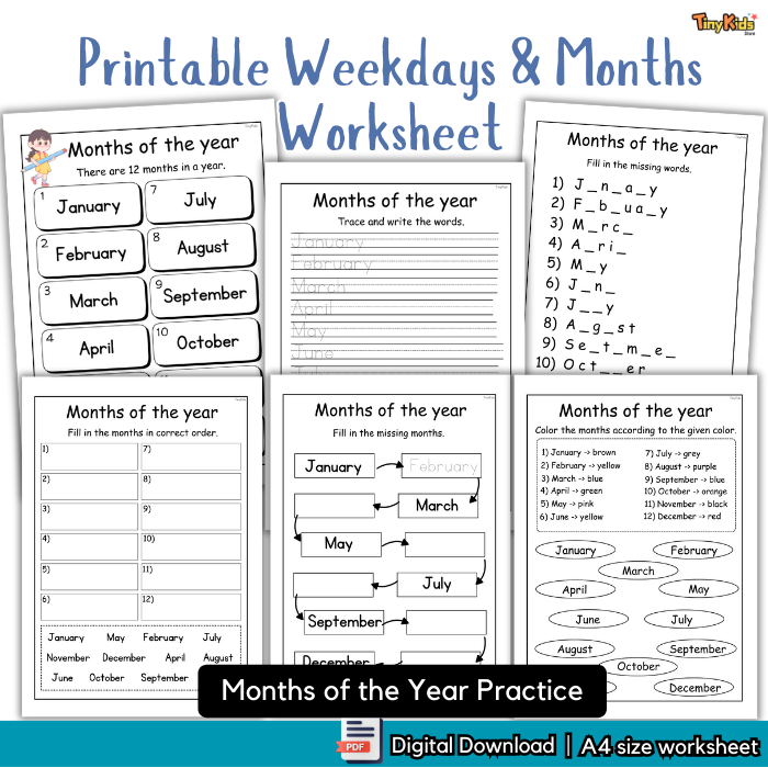 Printable Weekdays and Months Name Practice Worksheet | Weekdays Name | Months Name - Image 2