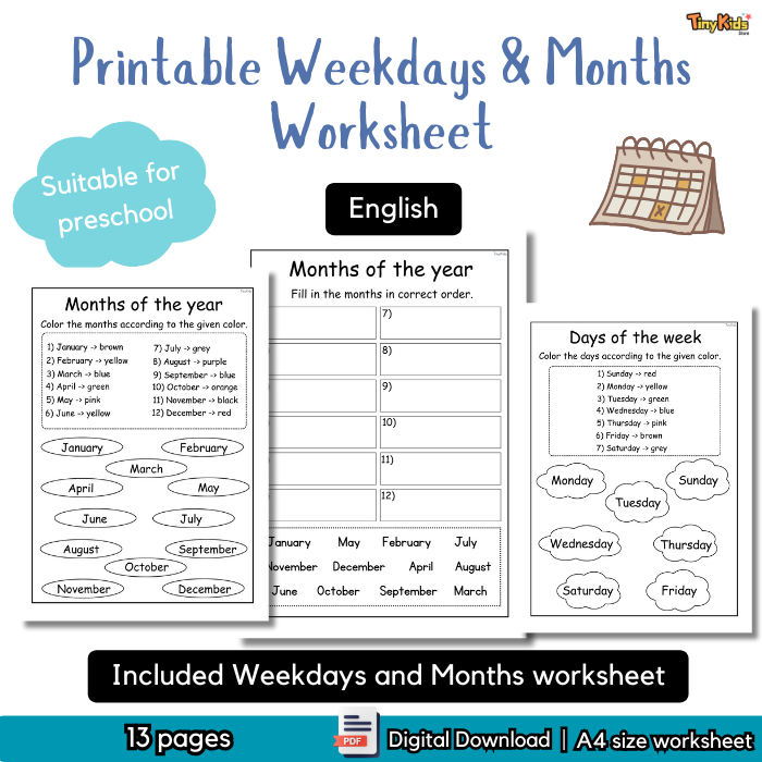 Printable Weekdays and Months Name Practice Worksheet | Weekdays Name | Months Name