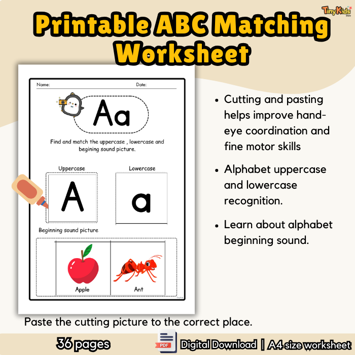 Printable Alphabet Matching Cut-and-Paste Worksheet – Uppercase, Lowercase and Beginning Sounds - Image 3