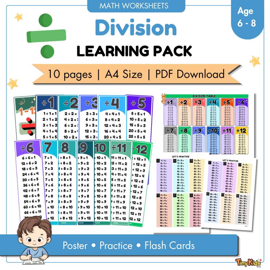 Division Learning Packs 1 to 12 | Division Flash Card | Division Poster | Division Practice