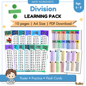 Division Learning Packs 1 to 12 | Division Flash Card | Division Poster | Division Practice