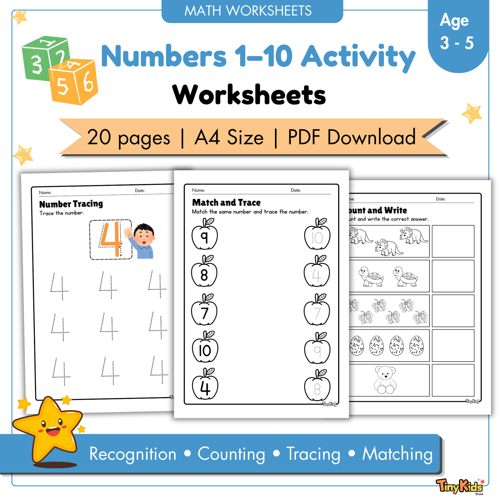 Numbers 1β10 Activity Worksheet | Tracing | Writing | Counting | Coloring | Matching