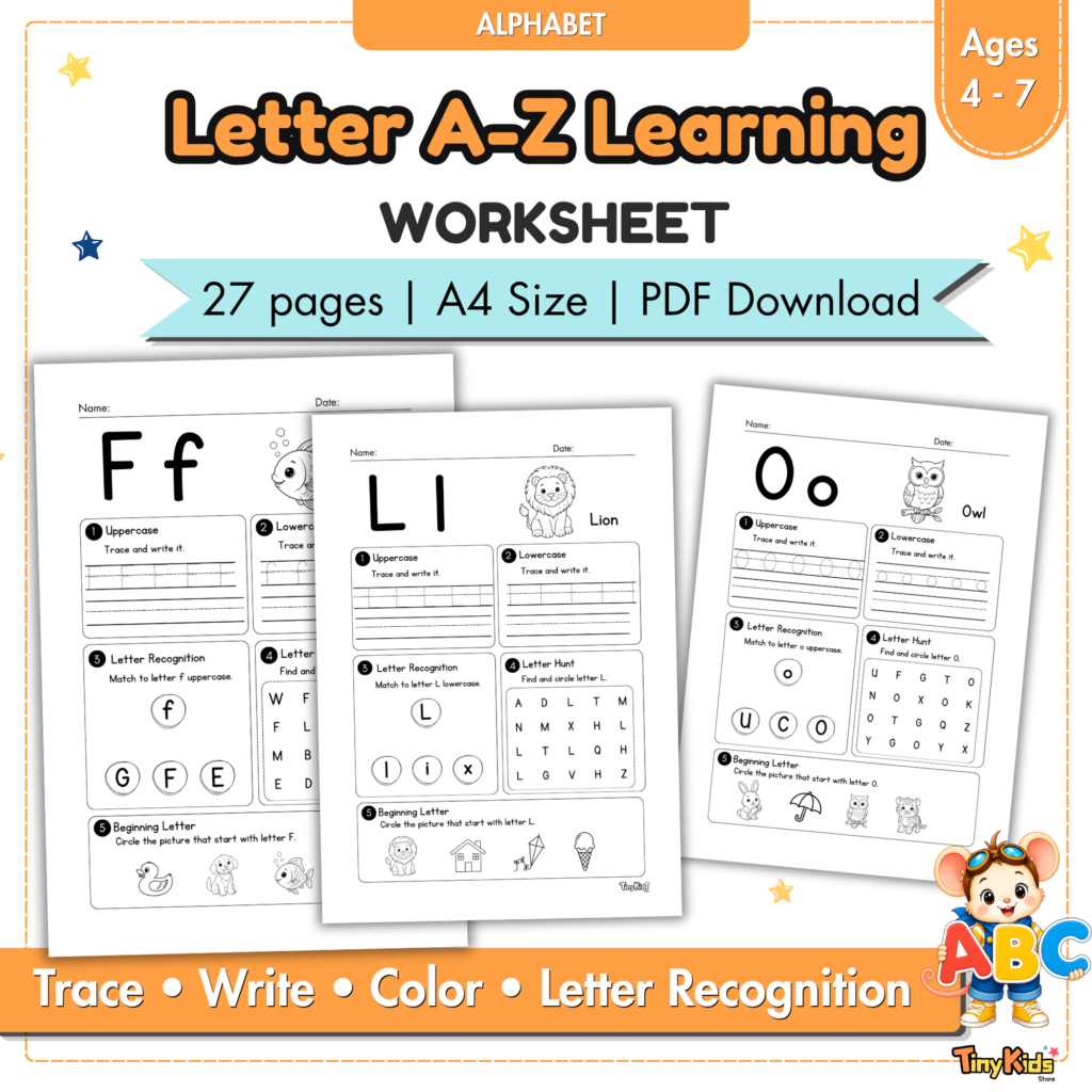Letter A–Z Alphabet Learning Worksheets | Letter Recognition | Coloring | Tracing | Writing