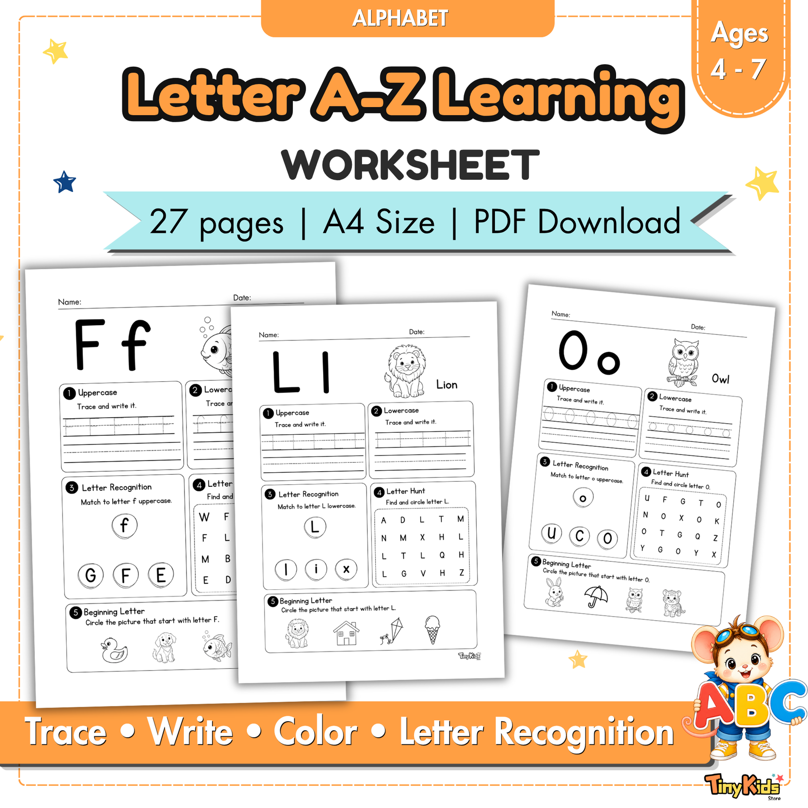 Letter A–Z Alphabet Learning Worksheets | Letter Recognition | Coloring | Tracing | Writing