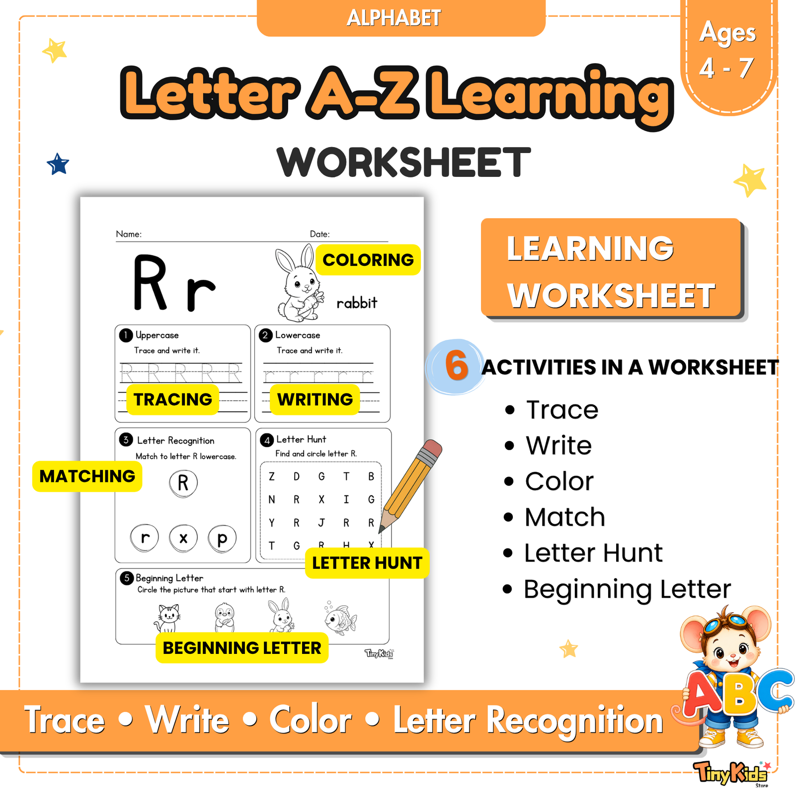 Letter A–Z Alphabet Learning Worksheets | Letter Recognition | Coloring | Tracing | Writing - Image 2